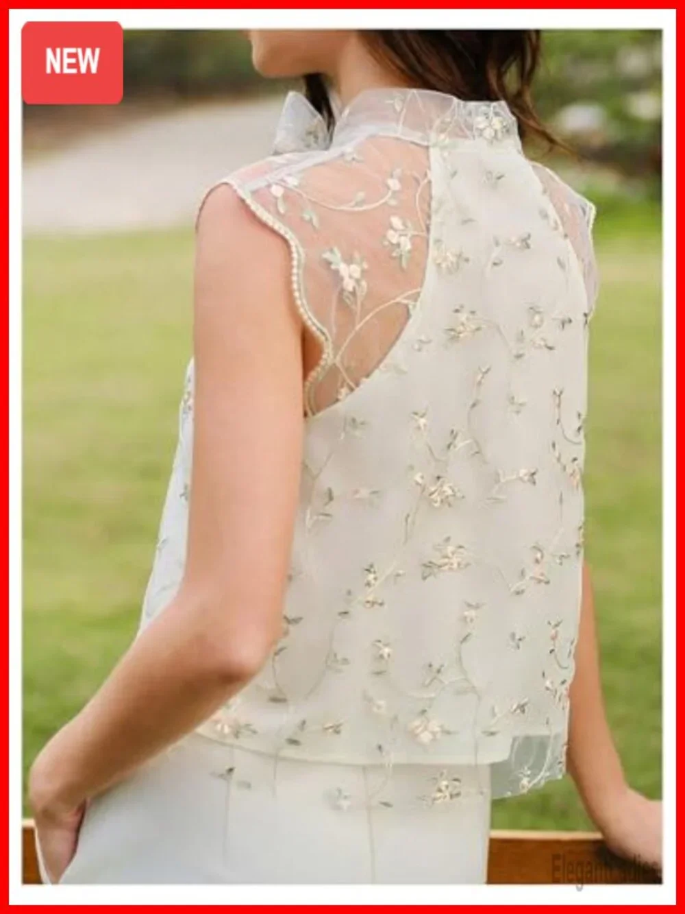 Sleeveless Floral Embroidery Sheer Mesh Blouse with Bow Tie Neck